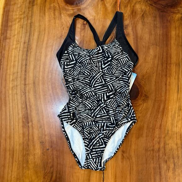 NEW Speedo Swim Women's Bathing Suit 8 One Piece Black Beach Geometric - Picture 1 of 6